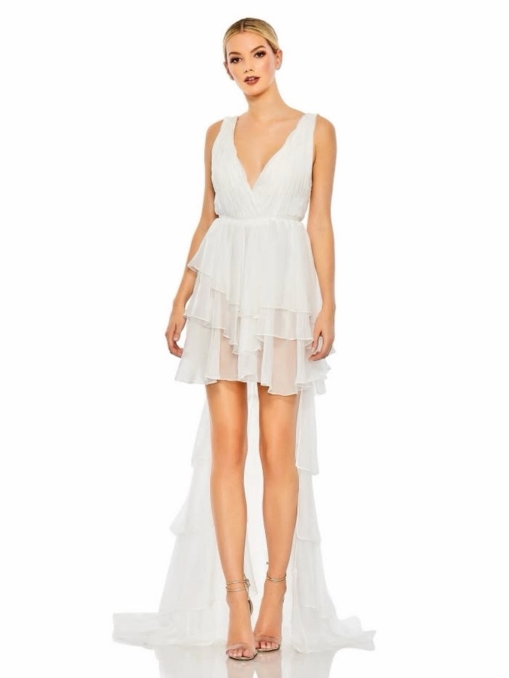 NWT Mac Duggal Deep V-neck Ruffled Maxi 55320 White Gown Size 8 - Picture 3 of 12